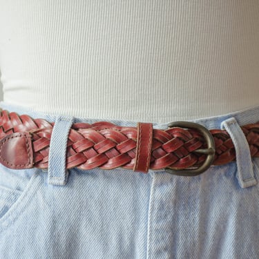 braided leather belt | 90s plus size vintage oxblood cordovan reddish brown woven leather belt 