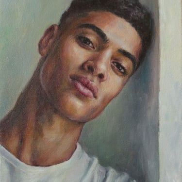 Male Portrait Original Oil Painting by Pat Kelley. Young Black Man, Handsome African American Man, Contemporary Realist, Fine Art. 