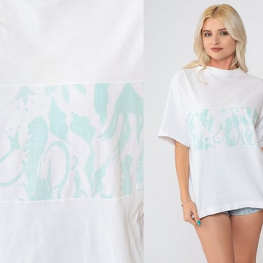 90s Abstract Tshirt Graphic Top White Swirl Print Shirt Short Sleeve T Shirt 1990s Vintage Crewneck Tee Pastel Mint Blue Large 