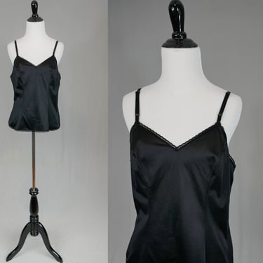 90s Black Camisole - Lace Trim - Nylon Cami Blouse Slip - Vintage 1990s - M 36 38 