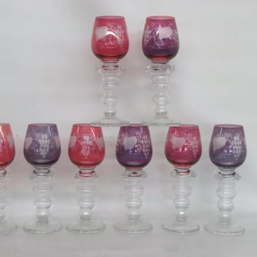 Gullaskruf Sweden Crystal Pink Purple Grape Liquor Wine Glass Set of Eight 3287B