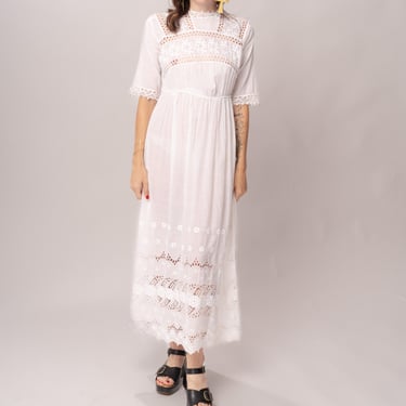 Edwardian White Cotton Cutwork Lace Dress