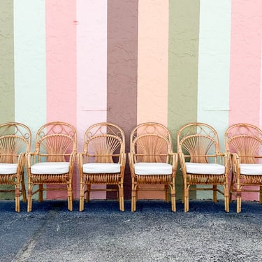 Set of Six Coastal Chic Rattan Arm Chairs