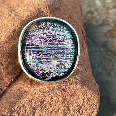 Multi Colored Sparkly Dichroic Glass and Sterling Silver Wide Band Ring - Size 7 