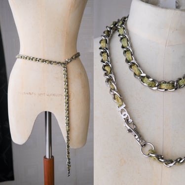 Vintage 90s BEBE Silver & Vegan Green Snakeskin Chain Belt | Logo Charm | Y2K, Designer, Uptown Chic | 1990s Silver Chain Belt Necklace 