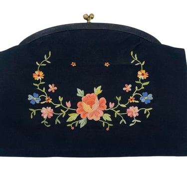 1950s Twifaille by Rosenfeld Black Satin Floral Hand Embroidered Clutch Purse