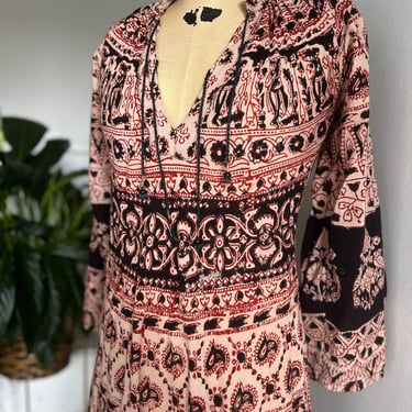 Classic 70s Indian Cotton Block Print Dress 40 Bust Vintage 