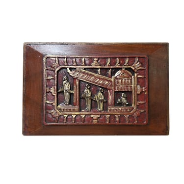 Chinese Vintage Wood Red Golden Relief Carving Wall Hanging Art Plaque ws4159E 