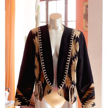 Vintage Southwestern Tapestry Jacket - Fall Jacket - Fringe, Tassels, Concho, Studded - Boho, Cowgirl, Western - Duo-Designs 