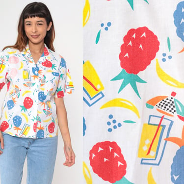 80s Hang Ten Blouse Hawaiian Pineapple Shirt Tropical Fruit Cocktail Print Button-Up Top Summer Novelty Print Vintage Medium 