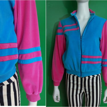 Super Cute Vintage 80s Turquoise Pink Velour Velvet Tracj Suit Jacket 