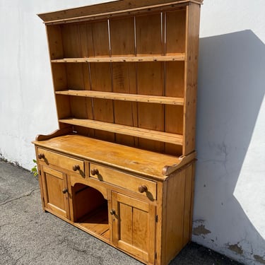 2PC Antique Welsh Pembrokeshire Pine Wood Hutch Dresser Kitchen Storage China Cabinet Display Case English Furniture 1800's Victorian Era 