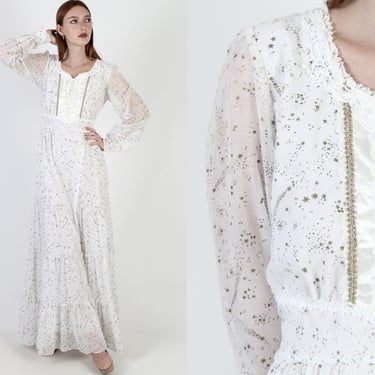 Vintage 70s Cosmic PrairieCore Dress, White Lace Up Corset Maxi, 1970's Renaissance Faire Style Clothing, Gold Stars Floral Lace Long Dress 
