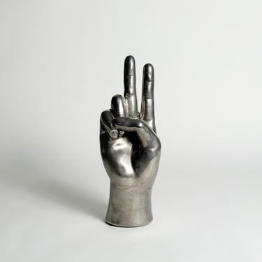 Peace Sign Hand Sculpture, Y2K Figurine, Ceramic with Metallic Glaze, Vintage 2000’s 