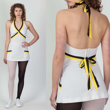 70s Carol Canaan Tennis Halter Mini Dress - Petite Small | Vintage Top Seed White Striped Preppy Sportswear Dress 