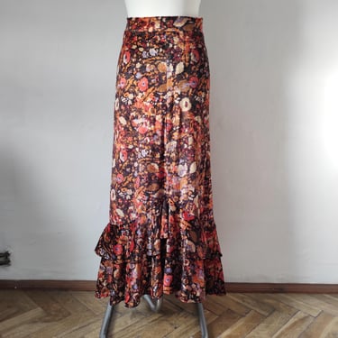 Vintage 1970's Skirt Lucie Linden, 70's Velvet Maxi Skirt with Ruffles, Gypsy style 1970s Skirt 