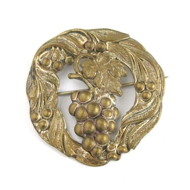 1920s Art Nouveau Stamped Brass Brooch with C Clasp, Hand Embossed and Repousse Grape Clusters Brooch, Gift for Wine Lover 