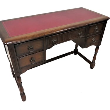 Solid Wood Desk | Antique English Ladies Writing Desk With Leather Surface and Working Key 