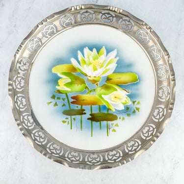 Antique Ceramic & Metal Floral Gallery Tray
