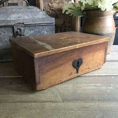 19th C Wooden Box,Hand Forged Iron, Dovetail Joints, Handcrafted Wood Storage Display Chest, Rustic Primitive French Farmhouse 