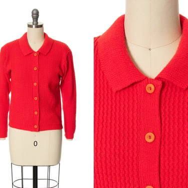 Vintage 1960s Cardigan | 60s Bright Red Knit Acrylic Button Up Long Sleeve Sweater Top (x-small/small) 