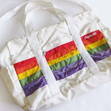 Vintage 80s Hawaii Rainbow Duffel Bag - 1980s Large White Nylon Shoulder Bag - Carry On - Overnight Bag - Weekender Bag 