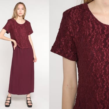 Wine LACE Dress 90s Maxi Grunge Dress Floral Witch Gothic Vintage Bohemian Party Short Sleeve Drape Burgundy Modest Large xl l 