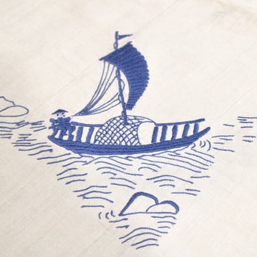 Antique Tussah Silk Hand Embroidered Chinoiserie Fishing Boat Tablecloth - Square Shape - Alabaster White 