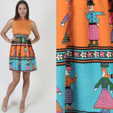 Novelty Print 1960s Austrian Villager Dress, Orange Jersey Bodycon Outfit, Hungarian Short Micro Mini Frock, Bright Neon Colorful Material 