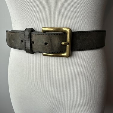 90’s distressed leather belt~ wide band big brass buckle~1990’s  Marciano brand Men’s faded black / Gender neutral /size Medium 