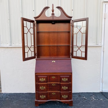 Secretary Desk by Jasper Cabinet -  Vintage Cherry Wood Chippendale Style with Lighted Glass Display Bookcase Hutch 