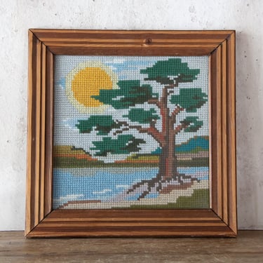 Lake Scene with Tree Cross Stitch Artwork, Vintage Nature Scene Wall Hanging 