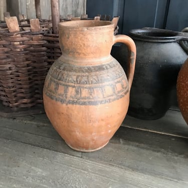 Antique Pottery Jug, Pitcher, Vase, Redware, Folk Art, Tribal, Rustic Terra Cotta, Handmade, 19th C, Rustic European Farmhouse, Farm Table 