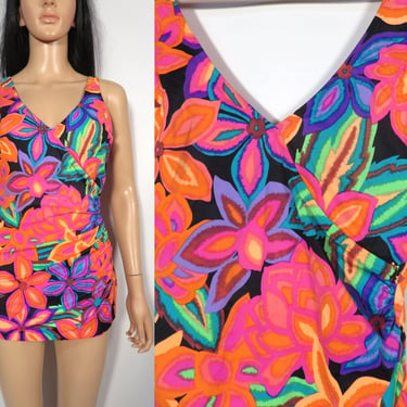 Vintage 70s Neon Floral One Piece Bathing Suit Made In California Size L 