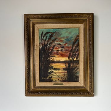 70's R. Costa Tropical " Sunrise" Florida Landscape Oil on Canvas Painting, Framed 