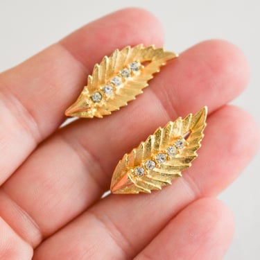 1960s Gold Leaf and Rhinestone Clip Earrings 