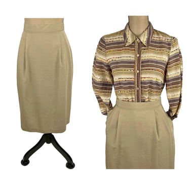 90s Minimalist Khaki Tan Skirt Large, Midi Pencil Skirt with Pockets, High Waist 31" Rayon Polyester, 1990s Clothes Women Vintage SAG HARBOR 