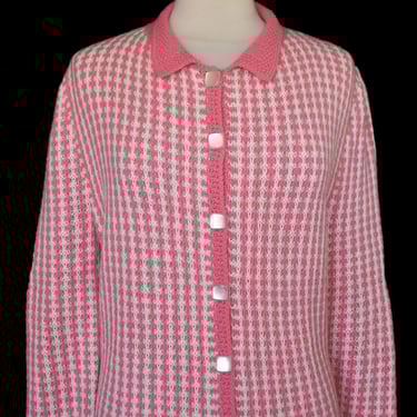 Vintage 60s Hand Knit Check Cardigan Sweater, Pink and White Houndstooth Button Front Sweater, Size M to L, Medium to Large 