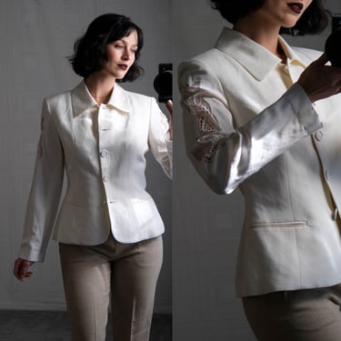 Vintage 90s LILLIE RUBIN White Linen Cropped Floral Embroidered Peek-A-Boo Jacket Unworn w/ Tags | Made in USA | 1990s Designer Linen Blazer 