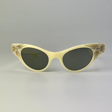Vintage 1950'S Cat Eye Sunglasses - MAY OPTICAL - Butter Colored Plastic Frames - Original Smokey Green Glass Lenses 