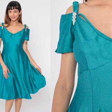 80s Teal Party Dress Rhinestone Trim Off Shoulder Dress A-line Midi Cocktail Fit and Flare Strappy Empire Waist Vintage 1980s Small 6 