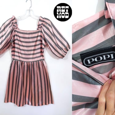 Lovely Vintage 80s Pastel Pink & Gray Stripe Satin Puff Sleeve Dress by Popi 