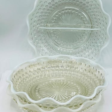 Vintage Set of (3) 1940's Hocking Depression Glass Opalescent Hobnail 8"  Bowls with scalloped rim 