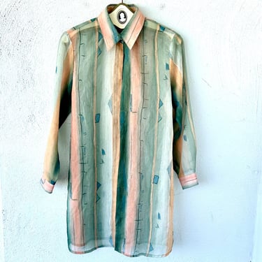 Vintage 90s Semi Sheer Chiffon One Button Collared Shirt 1990s Open Concept Shirtdress Tunic 