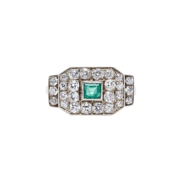 Antique Art Deco Platinum Diamonds & Colombian Emerald Ring