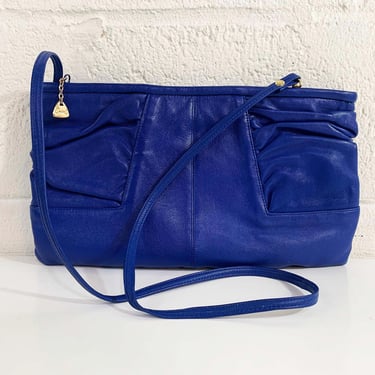 Vintage Royal Blue Leather Shoulder Bag Purse Hobo Slouchy Handbag Brio! Brass Gold Minimalist Made in Korea Crossbody 1990s 1980s 