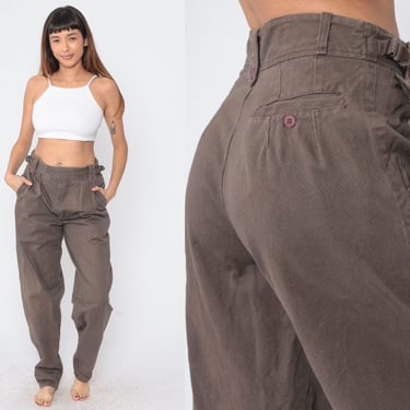 Brown Trousers 80s Pleated Pants Super High Waisted Tapered Leg Slacks Office Preppy Professional Paper Bag Cotton Vintage 1980s Medium 32 