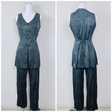 1990s Vintage Scarlett Black Acetate Vest and Trouser Set / 90s Silky Floral Brocade Goth Suit Rayon / Size Small - Medium 