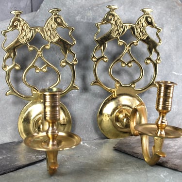 Antique Virginia Metalcrafters Brass Candle Sconces | Set of 2 Lion Motif Candle 2 Piece Sconces | VM Sconces 