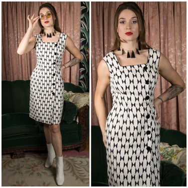 1960s Dress - Vintage 60s Sleeveless Black and White Geometric Op Art Day Dress in Sturdy Cotton Pique 